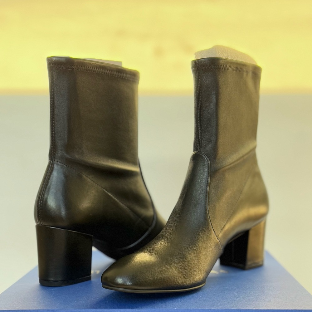 NWT | Stuart Weitzman, 9.5, Black Stretch Nappa Leather Booties,  2.5 inch Heels